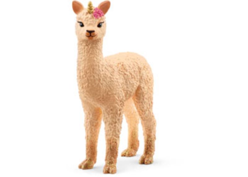 A charming Schleich Llama Unicorn Foal figurine featuring a shimmering horn and fluffy tail, perfect for imaginative play.