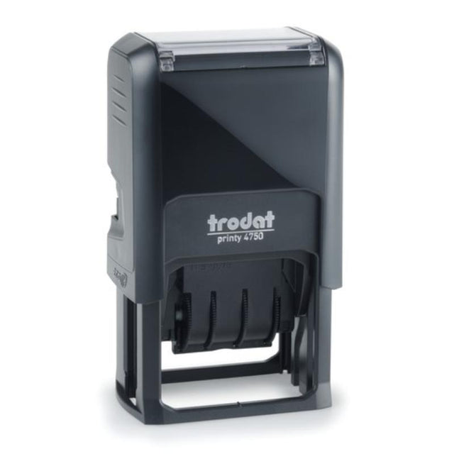 Trodat Printy Dater 4750 with 'ENTERED' stamp, eco-friendly, easy ink replacement, and clear date visibility.