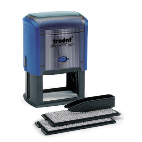 Self-inking Trodat Printy 4927 stamp with customizable imprint, eco-friendly design, and clear positioning window for precise stamping.
