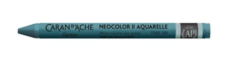 Pack of 10 Caran d'Ache Neocolor II Malachite Green crayons, ideal for versatile wet and dry artistic techniques.