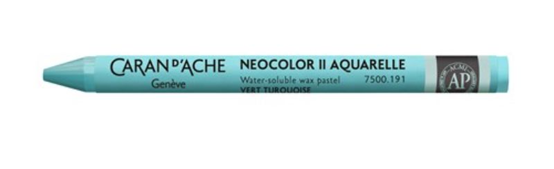 Vibrant turquoise green Caran D’ache Neocolor II crayons in a pack of 10, perfect for artists and creative enthusiasts.