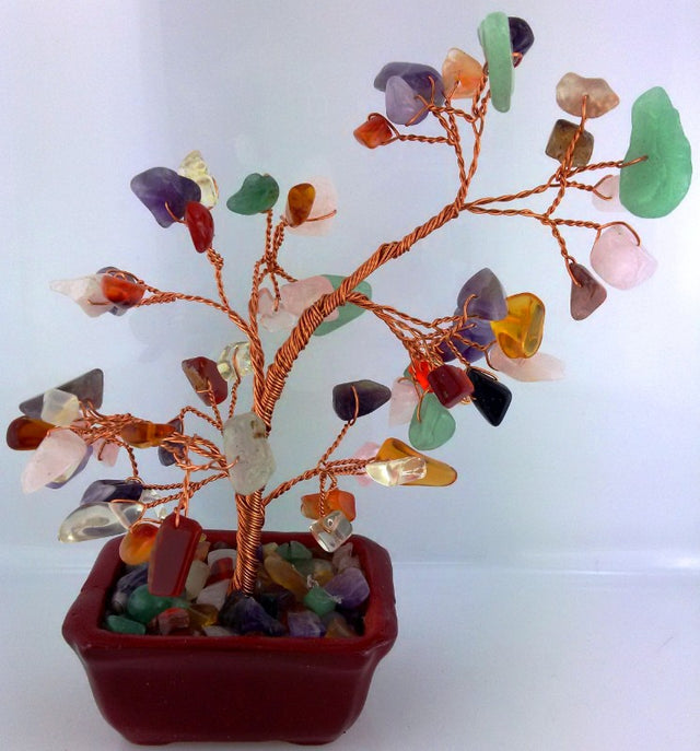 Gemstone Tree Small Mixed Stones, 15cm tall, crafted with amethyst, citrine, and rose quartz for decor and positive energy.