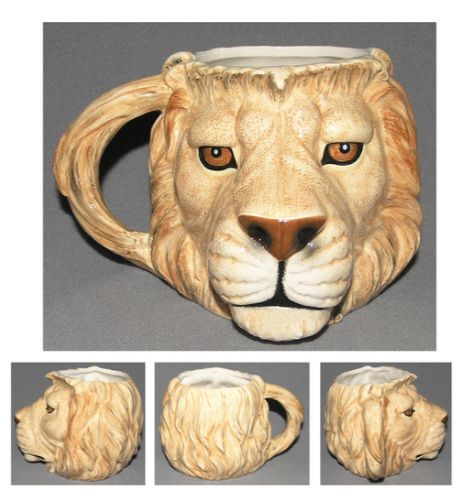 Ceramic Lion Head Mug featuring a sculpted lion face, perfect for drinks and as a decorative piece.