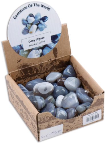Tumbled Stone Grey Agate in a 0.5kg box, featuring polished, uniquely shaped stones for decor, crafting, and crystal healing.