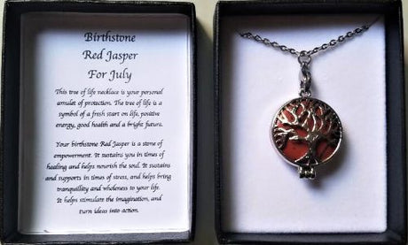 Elegant 70cm birthstone necklace featuring deep red Jasper, symbolizing passion and courage, perfect for July birthdays.