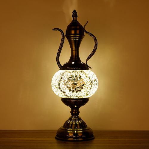 Teapot-shaped white mosaic lamp with intricate glass design, perfect for adding charm and cozy lighting to any room.