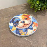 Small canvas circle wall art featuring a charming patchwork bulldog design, 150mm diameter, ready to hang.