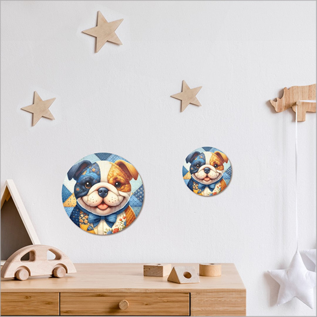 Canvas circle wall art featuring a charming patchwork bulldog design, 150mm diameter, ready to hang.