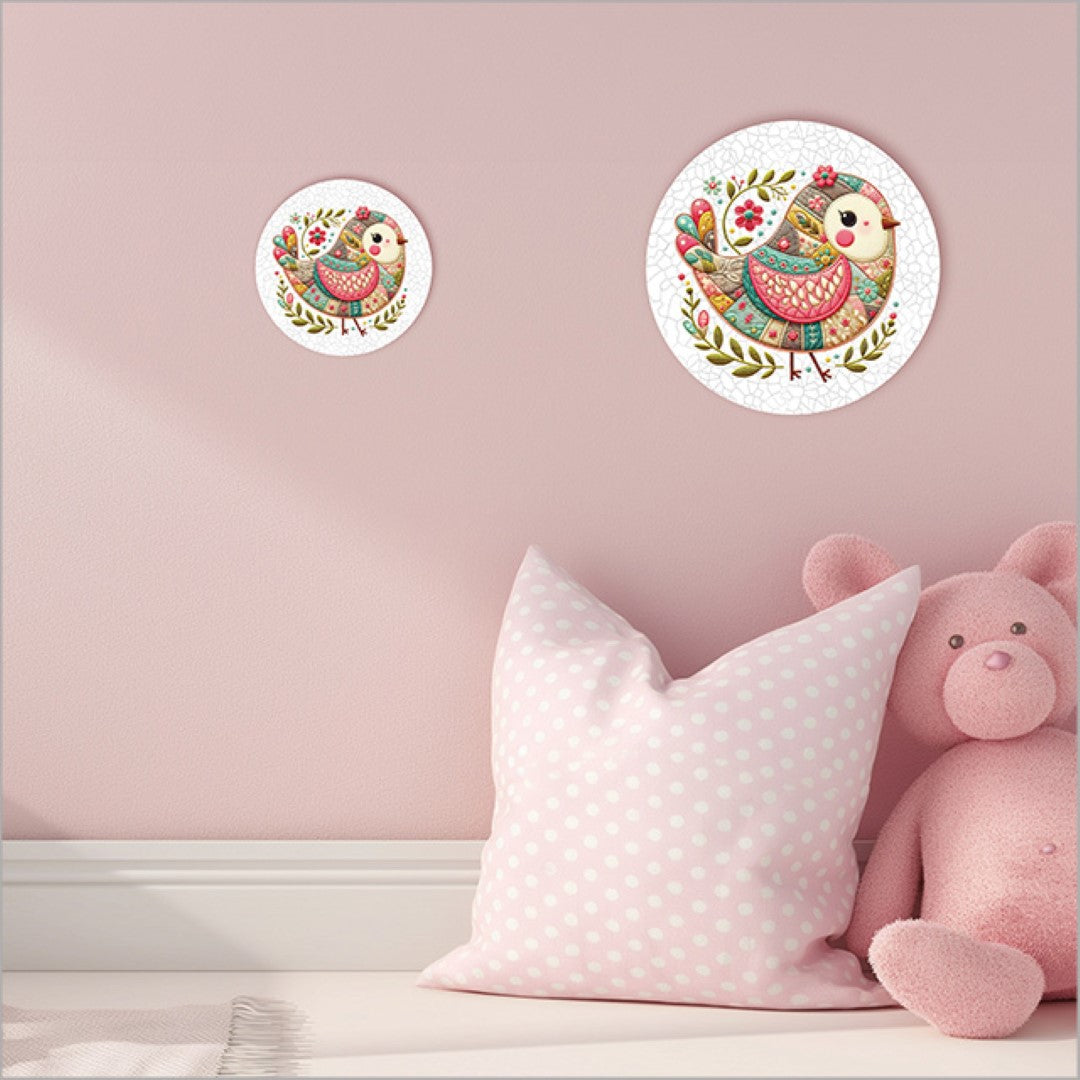 Small canvas circle featuring a patchwork bird design in soft pink tones, perfect for vibrant home decor.