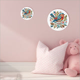 Canvas circle wall art featuring a vibrant patchwork bird design, 150mm diameter, ready to hang, perfect for any space.