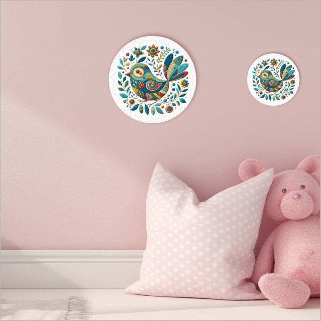 Canvas circle featuring a patchwork bird design in blue, perfect for home decor and easy to hang.