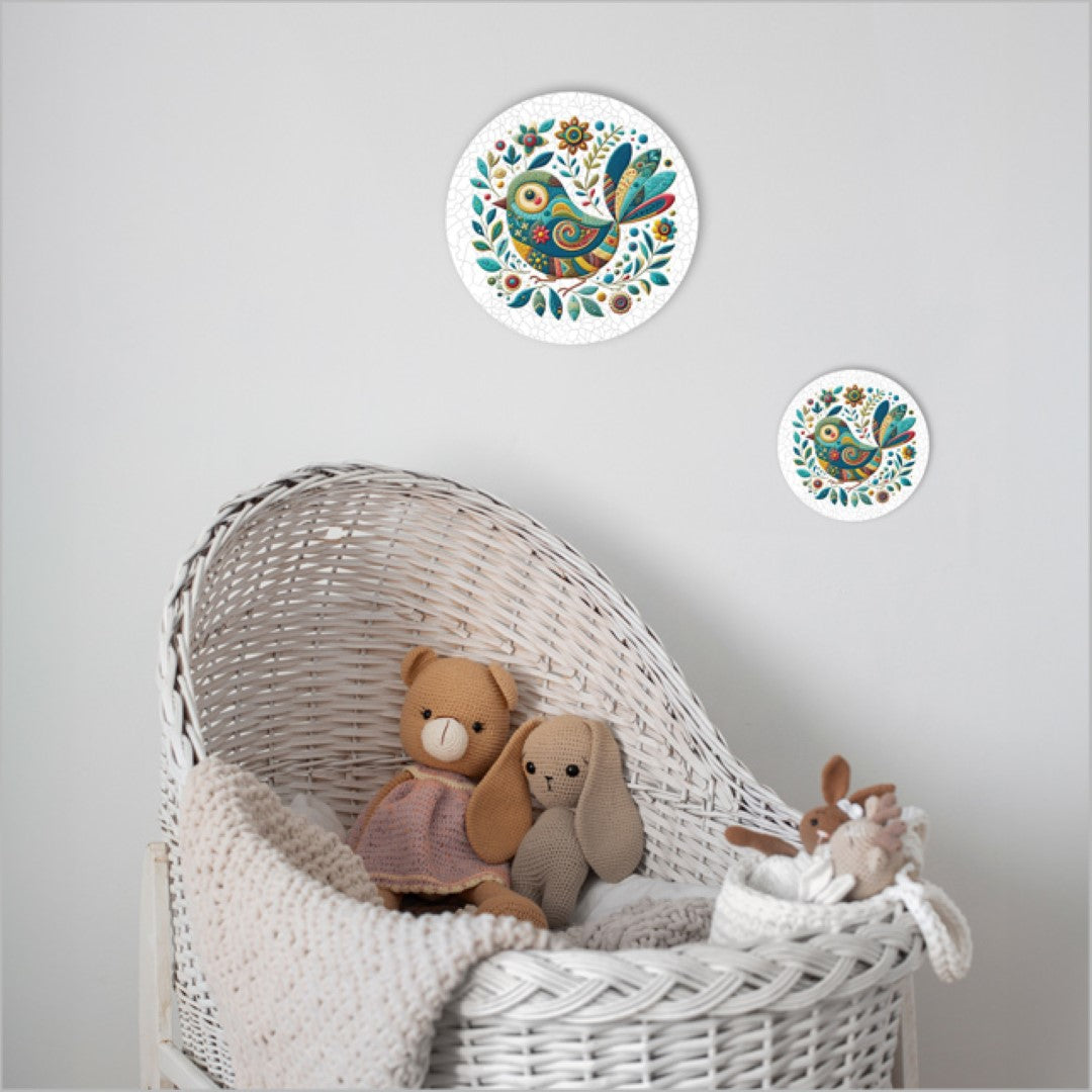 Large canvas printed circle featuring a colorful patchwork bird design in blue, perfect for home decor and nature lovers.