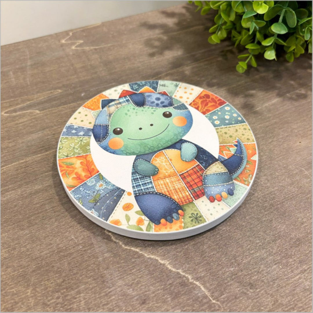 Colorful patchwork dinosaur canvas circle, 150mm, perfect for children's rooms, ready to hang with pre-drilled notch.