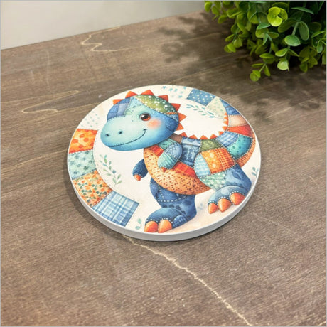 Whimsical dinosaur patchwork canvas circle, 150mm, easy to hang, perfect for children's rooms and creative decor.