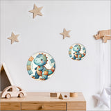 Colorful patchwork dinosaur canvas circle, 150mm, perfect for kids' room decor with easy hanging option.