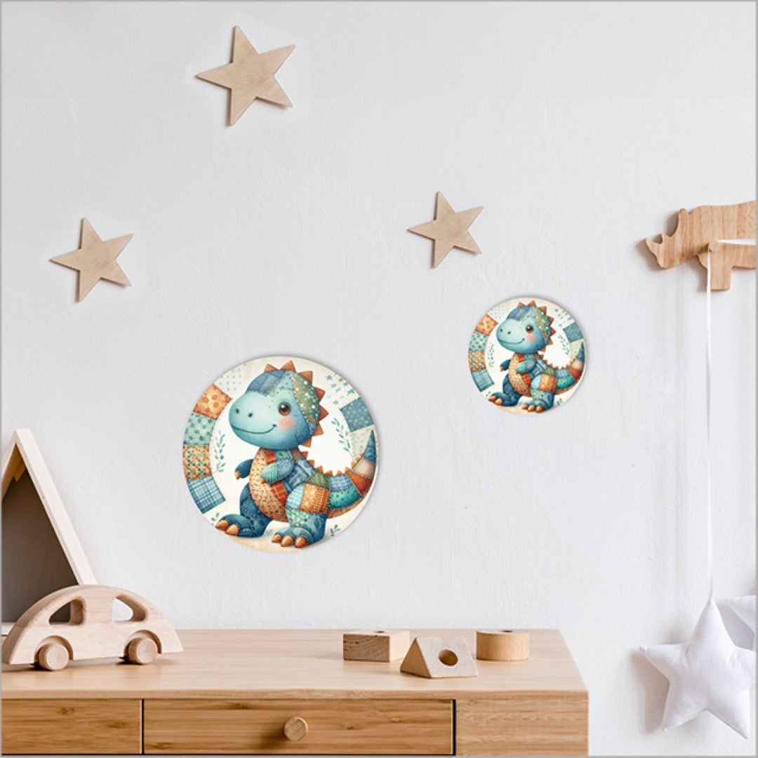 Vibrant large canvas circle featuring playful dinosaur design, perfect for children's decor and easy to hang in any room.