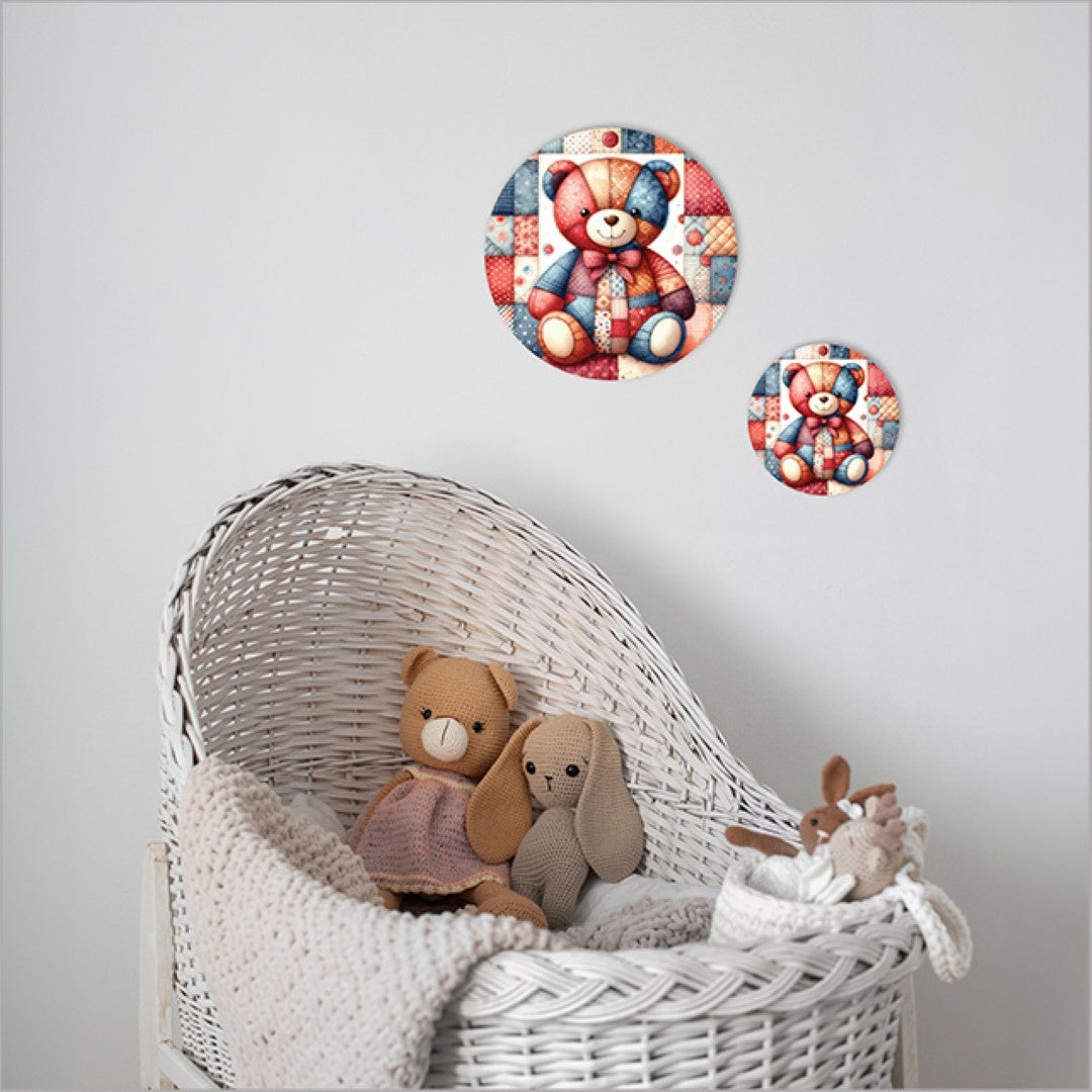 Canvas circle featuring a charming patchwork bear design, perfect for kids' rooms or cozy spaces.