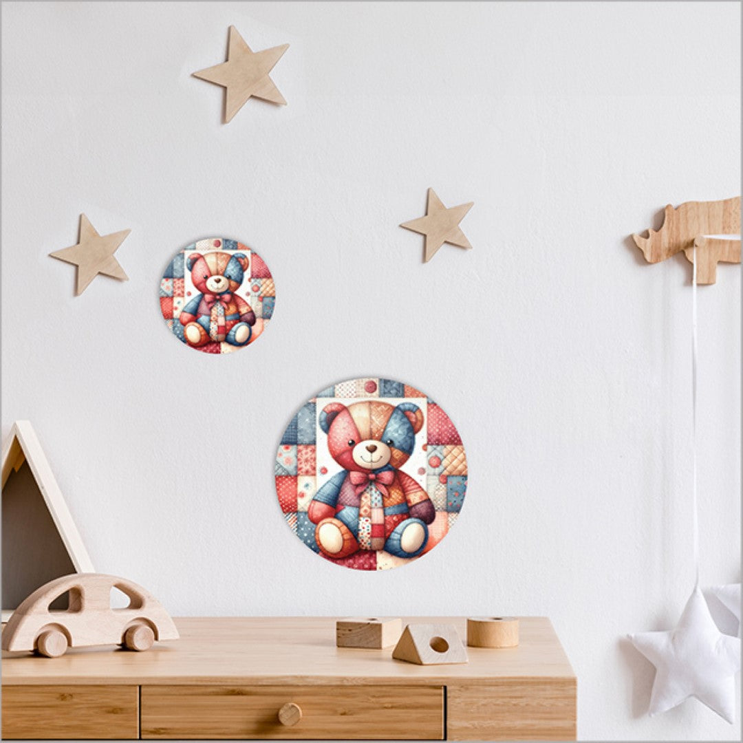 Canvas circle featuring a charming patchwork bear design, perfect for kids' rooms and whimsical home decor.