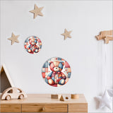 A large, vibrant round canvas featuring a whimsical patchwork bear, perfect for children's decor and easy to hang.