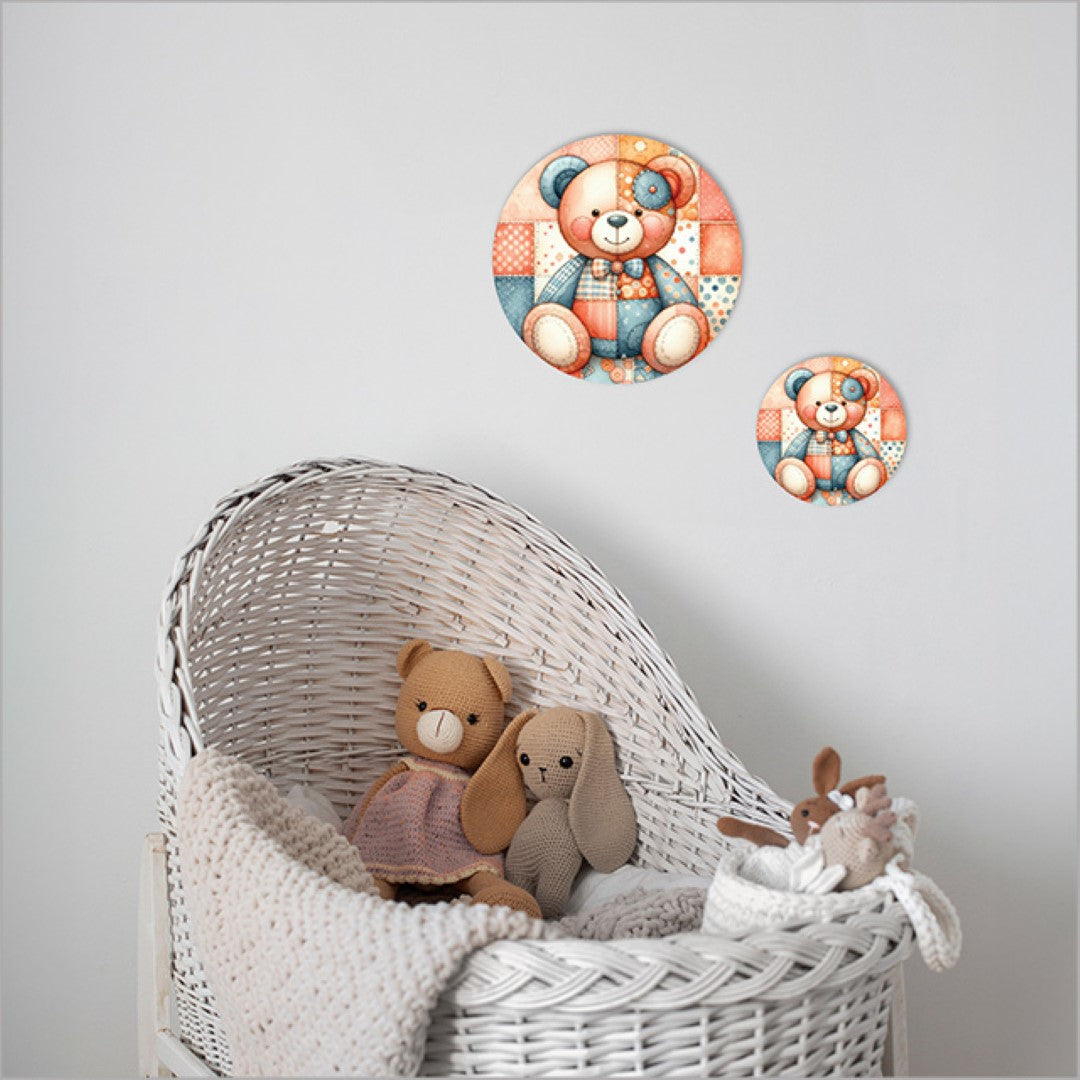 Canvas circle artwork featuring a vibrant patchwork bear design, perfect for nursery decor, measuring 150mm in diameter.