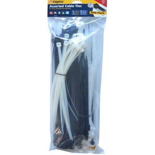 Assorted nylon cable ties in black and natural, 200-pack, featuring 8", 11", and 14" lengths for versatile bundling solutions.