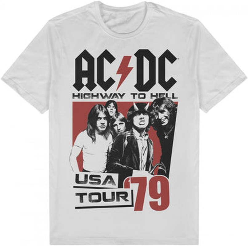 AC/DC logo tee featuring 'Highway to Hell' design, made of 100% cotton, ideal for music fans, available in S to 3XL.