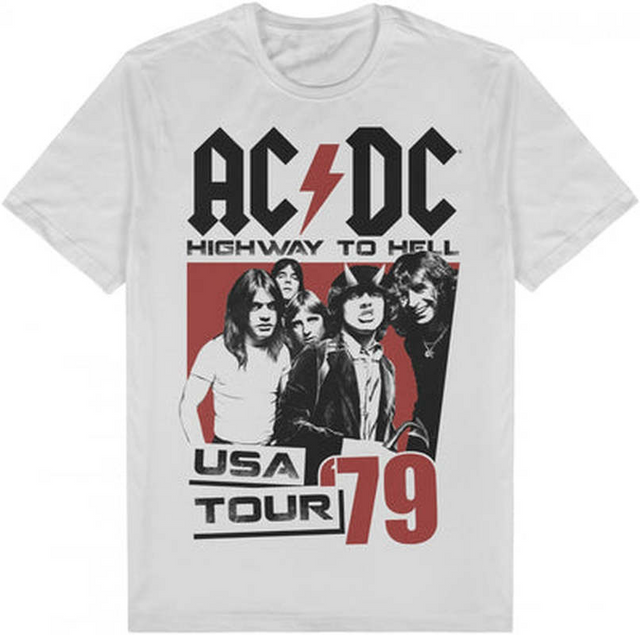 AC/DC logo tee featuring 'Highway to Hell' design, made of 100% cotton, ideal for music fans, available in S to 3XL.