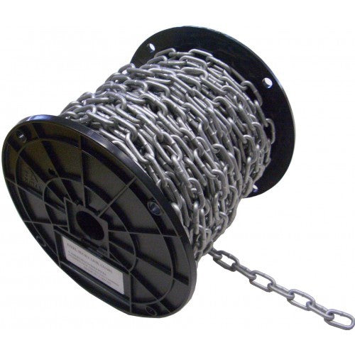 Heavy-duty galvanised chain reel, 15m length, 280kg capacity, ideal for outdoor securing and DIY projects.