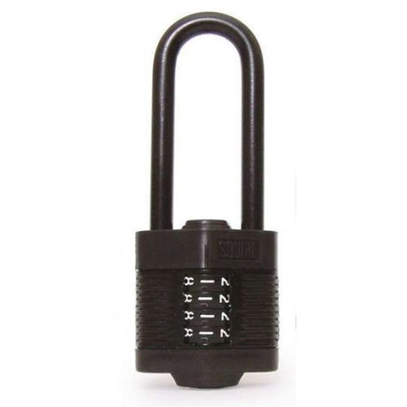 Black 40mm combination padlock with 2.5" hardened steel shackle, 10,000 combinations, ideal for security purposes.