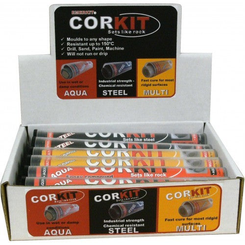 Counter display box of 12 assorted Emmerkit-Corkit epoxy putty tubes: Aqua, Steel, and Multipurpose variants.