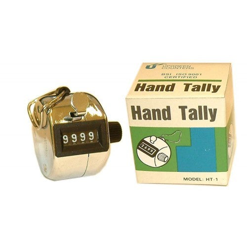 Hand-operated tally counter with durable steel housing, counts up to 9999, ideal for events and inventory tracking.