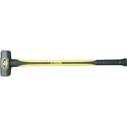 Sledge hammer with ultra-durable forged steel head, 36-inch fiberglass handle for construction and demolition tasks.