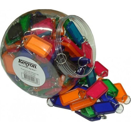 Vibrant 150-piece key tag holders in assorted colors, featuring easy-open inserts and durable stainless steel keyrings.