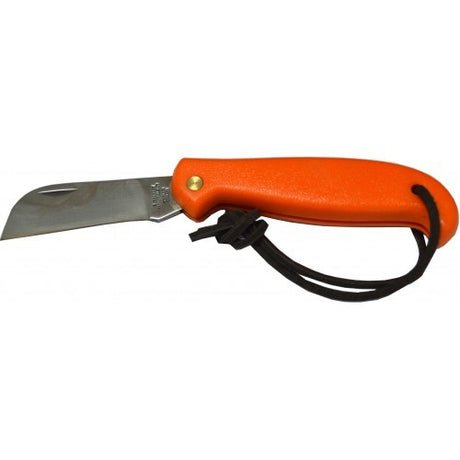 Heavy-duty pocket knife with a stainless steel sheepfoot blade and ergonomic orange ABS handle, ideal for outdoor tasks.