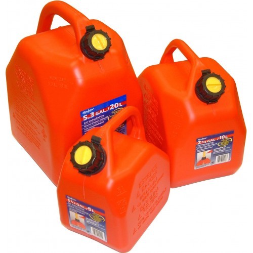 5-litre durable plastic petrol container with a secure pour spout, rustproof and meets international safety standards.