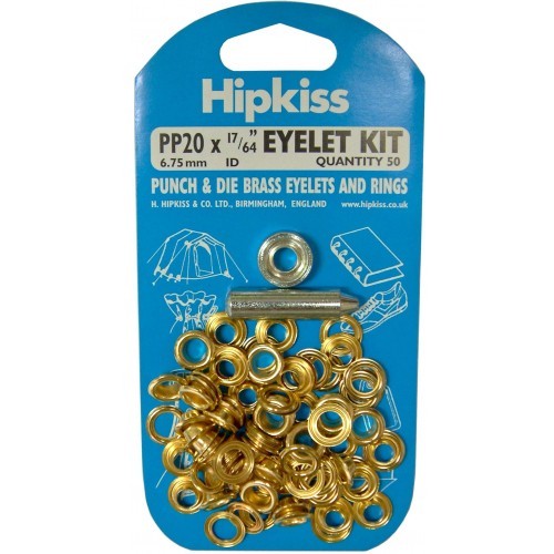 Eyelet Kit Hipkiss with Die & Punch PP24 3/8, featuring 25 corrosion-proof brass eyelets for durable and precise crafting projects.