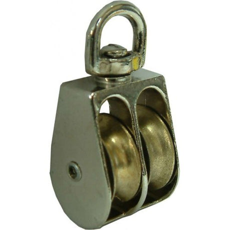 Galvanised 32mm double awning pulley designed for smooth operation and durability in outdoor shade setups.