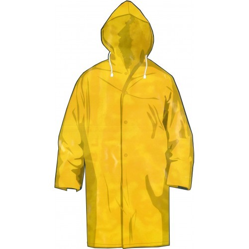 Yellow PVC and polyester raincoat, XL size, featuring armpit ventilation, adjustable hood, and zip closure.