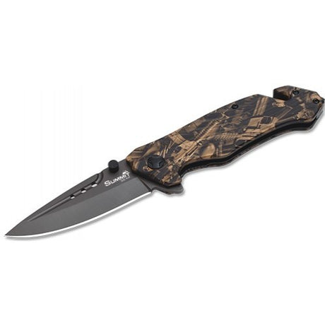 Pocket knife with a camo brown finish, ideal for camping and hiking, featuring high-quality stainless steel construction.