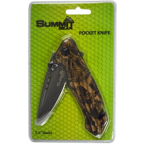 Camo brown pocket knife by Summit Gear, featuring durable stainless steel, ideal for outdoor activities like camping and hiking.