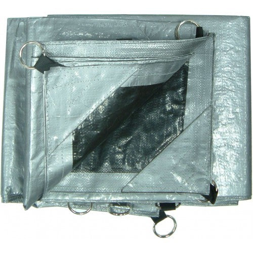 Heavy-duty silver tarpaulin 20'x24' with reinforced corners and O-ring eyelets for versatile protection and durability.