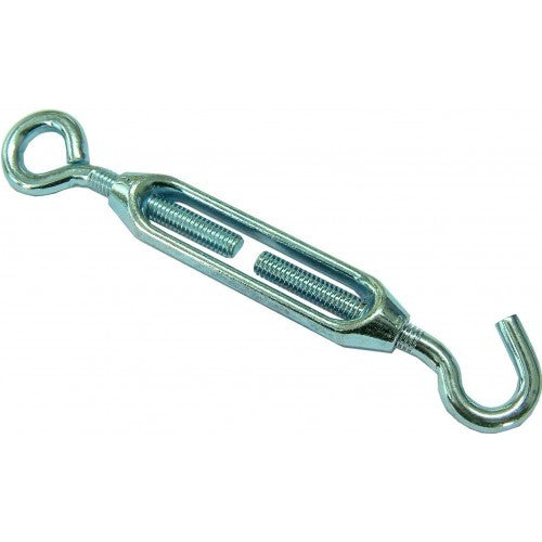 Galvanized steel turnbuckle with a hook and eye, designed for reliable tensioning in various rigging and construction projects.