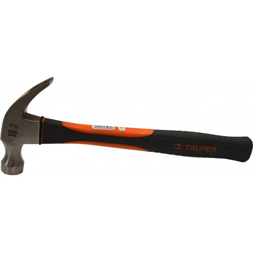 Truper 16oz carpenter's hammer with high carbon steel head, fiberglass handle, magnetized nail holder for ease and comfort.