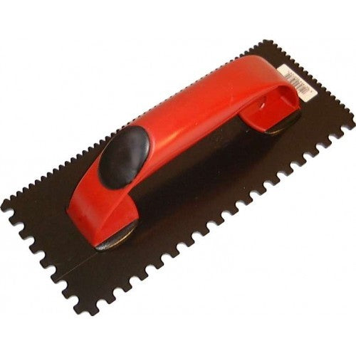 Tiling trowel with comfortable posigrip handle, robust polypropylene, half notched, and serrated for efficient tile grouting.