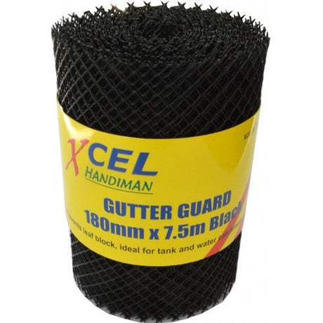 Xcel Gutter Guard, 180mm wide and 7.5m long, prevents blockages with easy installation and durable debris protection.