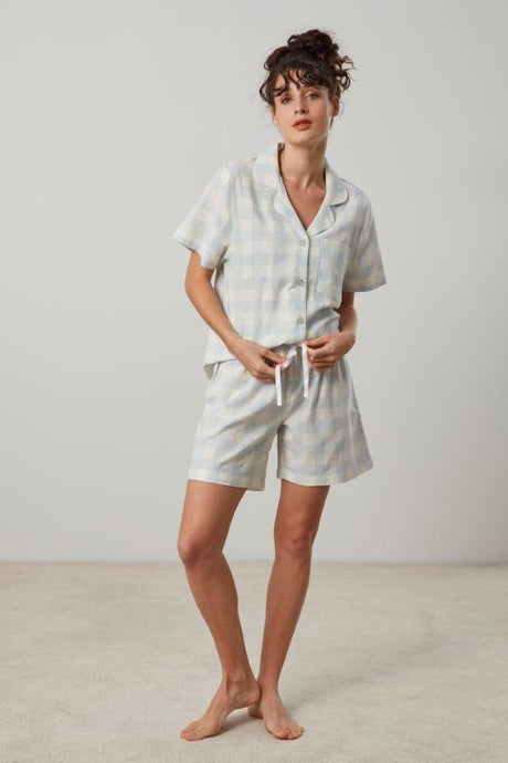 Blue and white check short classic PJ set with a button-up top and elastic waistband shorts, ethically made in Turkey.