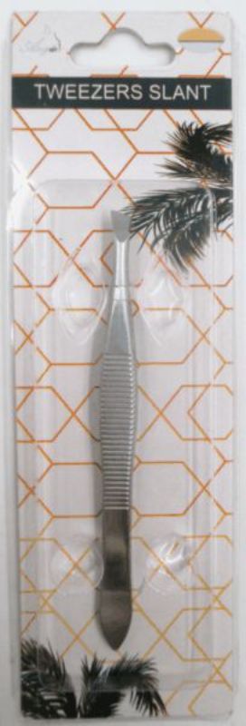 Set of 3 slant tweezers (8.8 cm) in stainless steel, designed for precision grooming and eyebrow shaping.