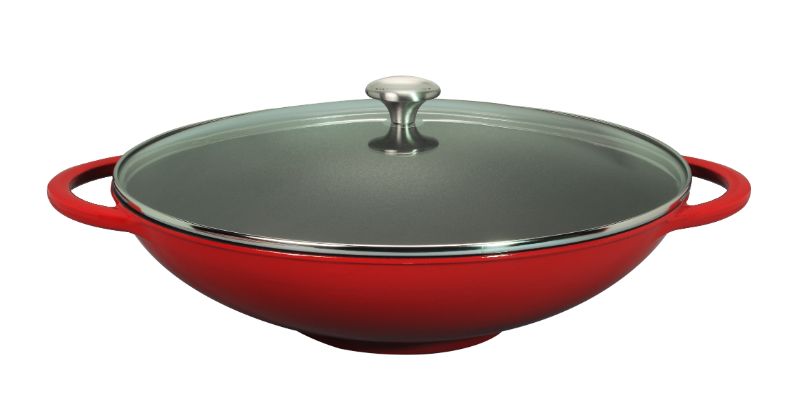 Chasseur 37cm cast-iron wok in Inferno Red with glass lid, ideal for versatile cooking and eco-friendly design.