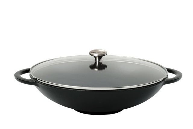 Matte black 37cm Chasseur cast iron wok with glass lid, ideal for versatile cooking and enhanced kitchen aesthetics.