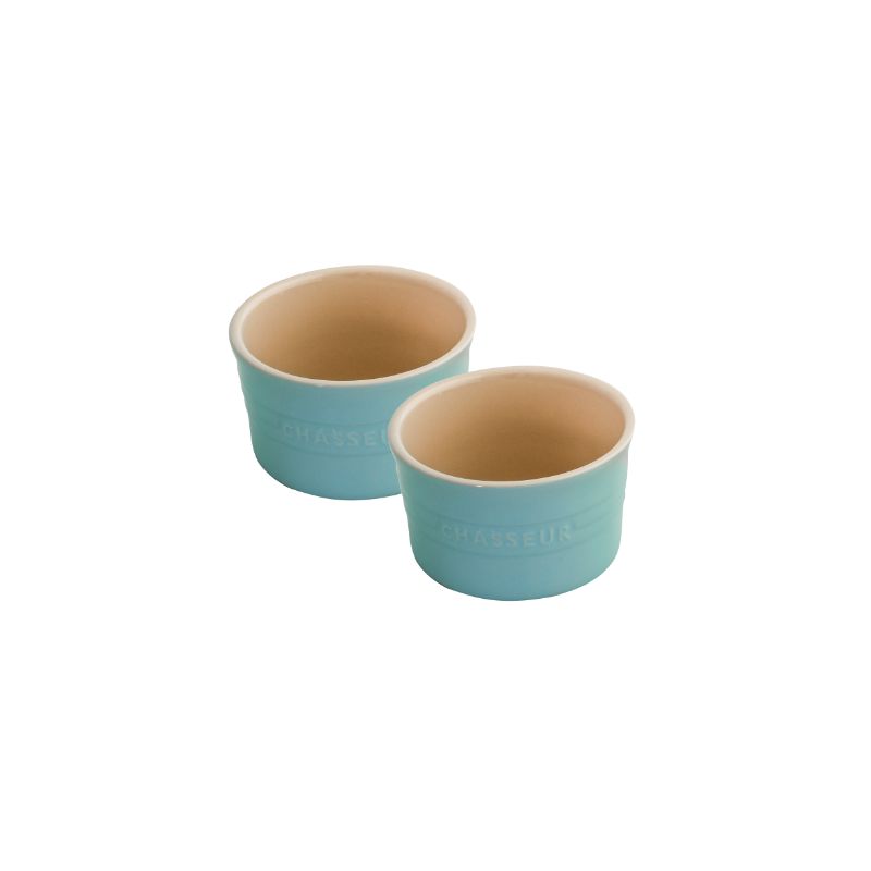 Elegant duck egg blue ramekins set of 2, 250ml capacity, perfect for baking, serving, and stylish table presentation.